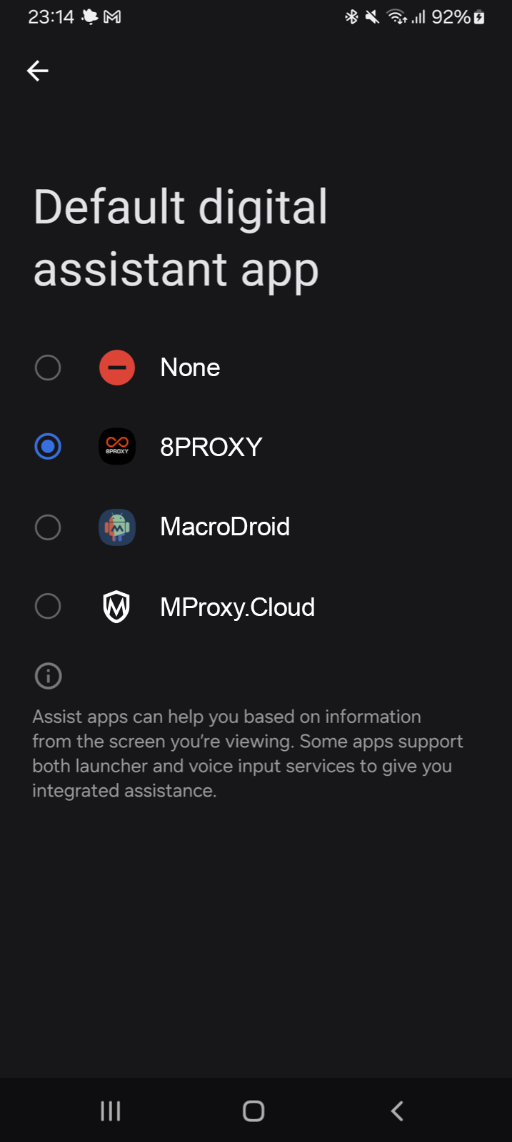 Android default digital assistant list with 8PROXY selected