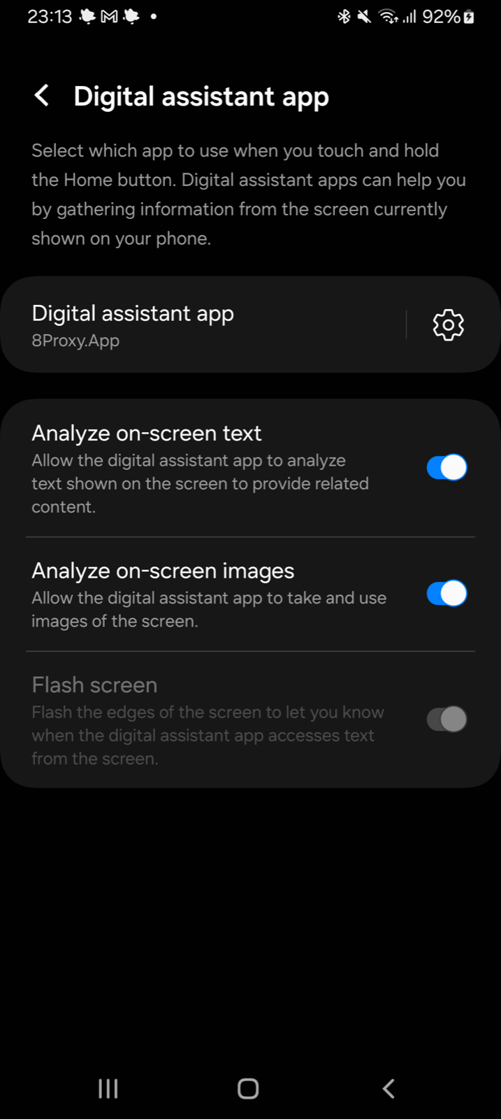 Android Digital assistant app settings showing 8PROXY selected