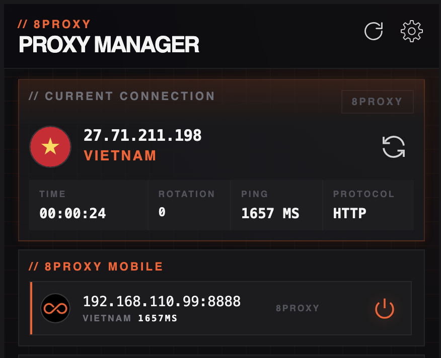 8PROXY Proxy Manager main screen with the active connection and 8PROXY Mobile endpoint