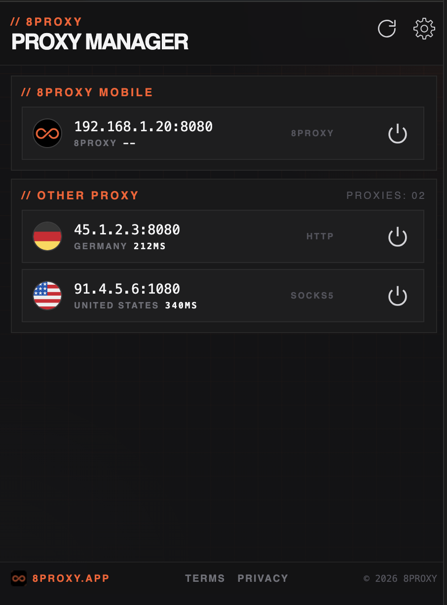 8PROXY Proxy Manager list with 8PROXY Mobile and saved proxy profiles
