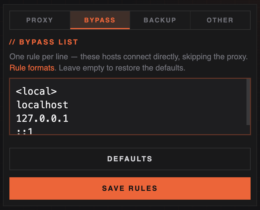 Proxy Manager Bypass settings tab