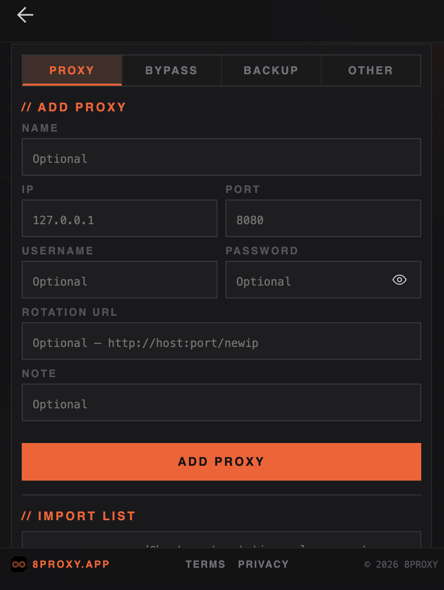Proxy Manager Proxy settings tab with the Add Proxy form