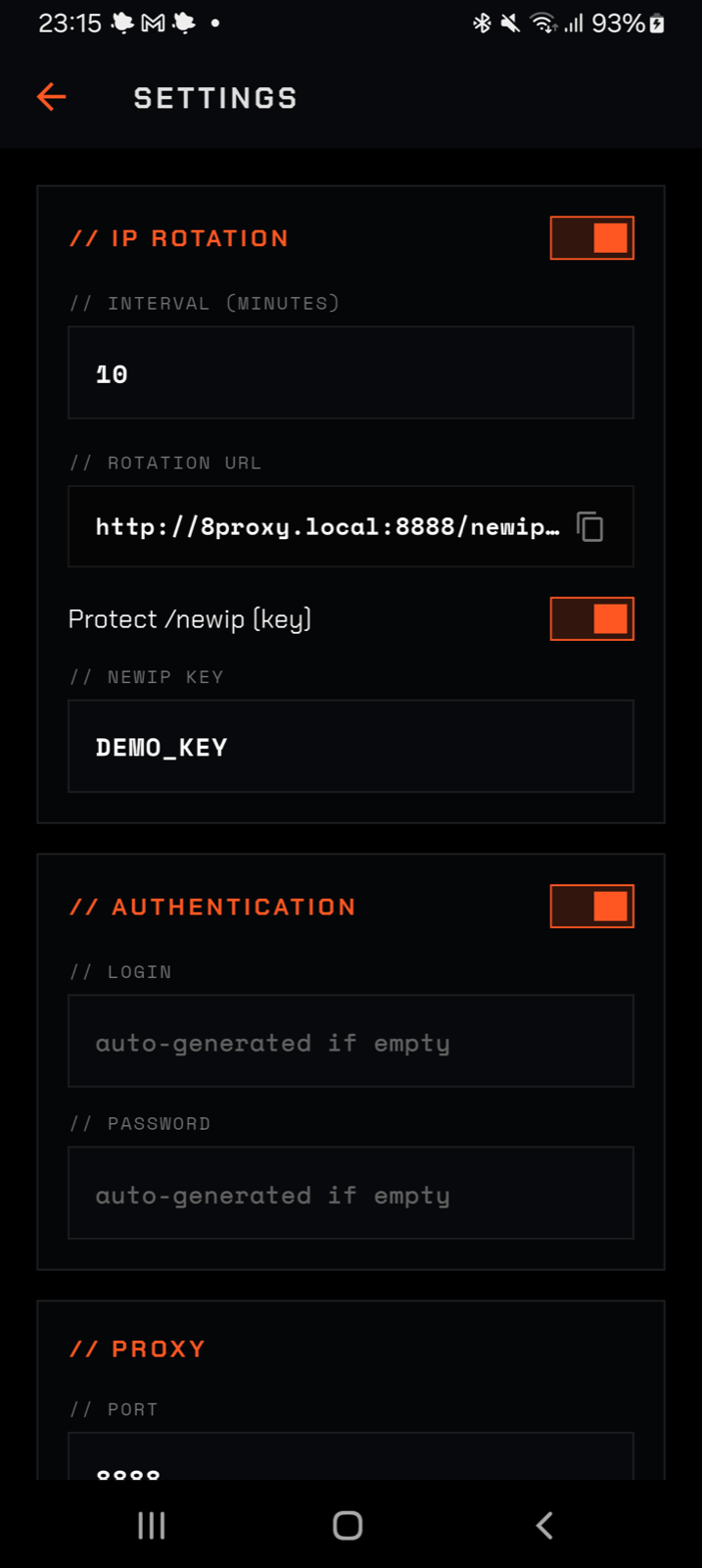 8PROXY authentication settings with numbered login and password fields