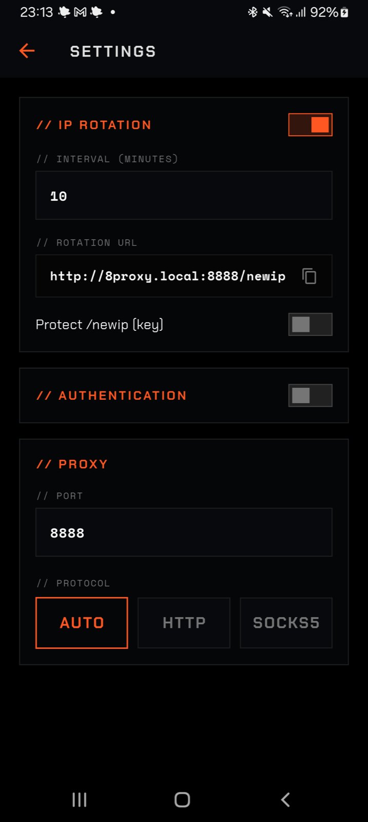 8PROXY settings overview with numbered fields